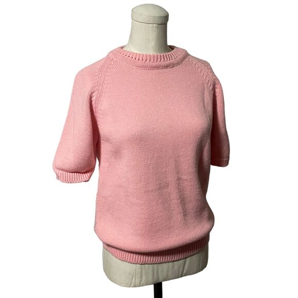 Vintage Pink Classic Look Short Sleeve Sweater Preppy Cute Girly Crewneck - Picture 3 of 5